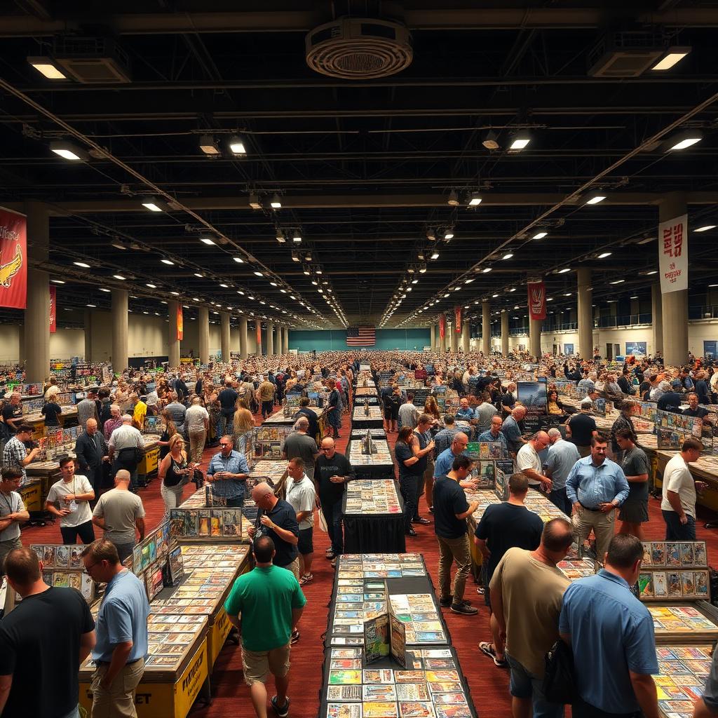 Convention hall aisles packed with card show attendees