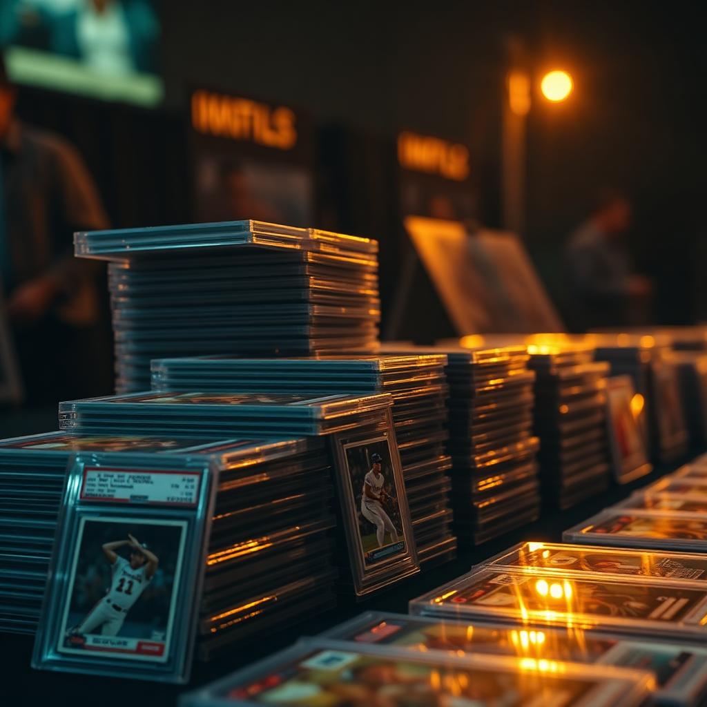 Stacks of graded sports cards in slabs on a show table