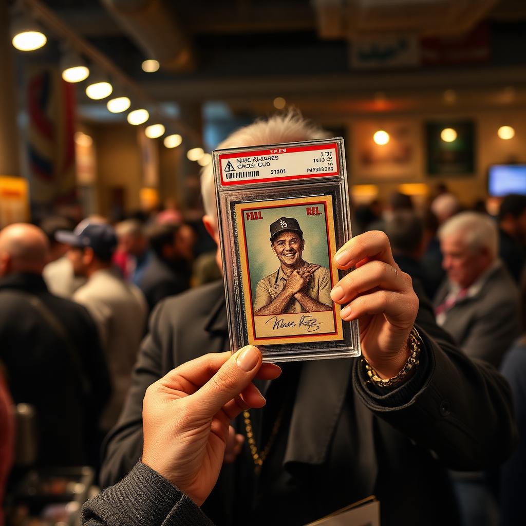 Collector holding up a graded card at a busy show floor