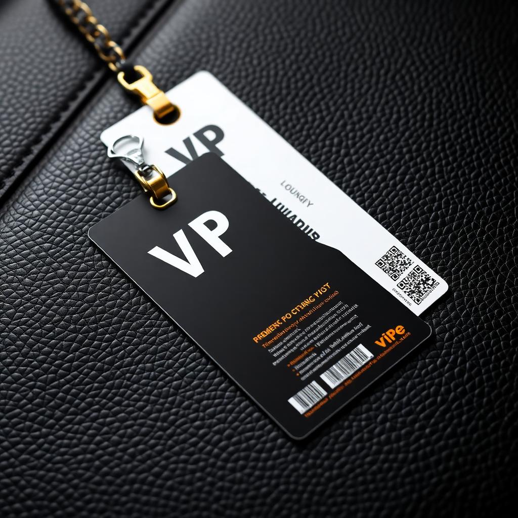 Premium VIP event pass and lanyard on dark leather