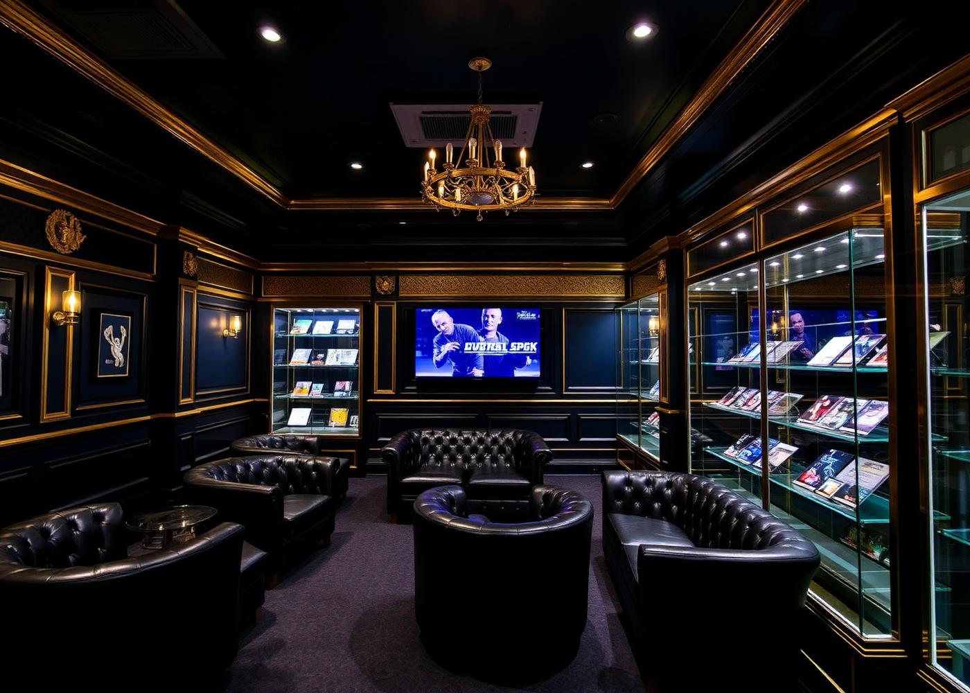 VIP lounge with leather seating and lit card display cases